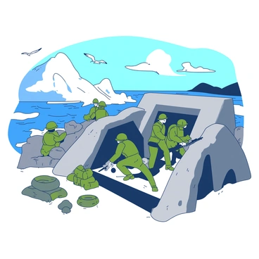 A group of soldiers in olive green uniforms is taking positions inside a sturdy coastal bunker made of concrete. The bunker has small circular openings for observation, and sandbags are stacked around the entrance. The soldiers are crouched, some peering through the openings while others are holding weapons at the ready. In the background, waves crash against the rocky shore, and the sun casts a bright light over the scene, creating a stark contrast with the deep blue of the sea. Seagulls can be seen flying in the sky above.