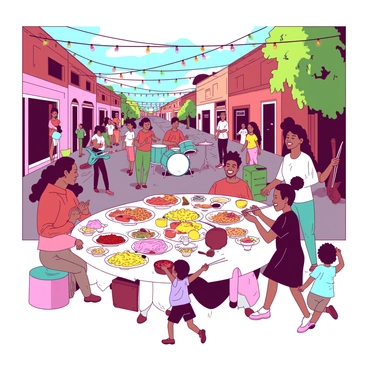 A group of people of different ethnicities is gathered in a vibrant street for a block party. In the foreground, a large table is filled with a variety of dishes, showcasing a mix of colorful foods. There are plates of yellow rice, red salsa, and various snacks arranged artfully. People are laughing and chatting, enjoying each other's company. In one corner, a small band is playing music, with a teal guitar and a white drum set. Colorful string lights are overhead, illuminating the joyful scene as children play nearby, running and dancing.
