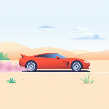 A sleek red sports car is speeding through a vast desert landscape. The car has smooth, aerodynamic lines and shiny alloy wheels. Dust is trailing behind the car, creating a cloud as it accelerates. The desert is expansive with rolling dunes and scattered patches of dry grass. In the background, the sky is a clear blue, with a few wispy clouds scattered above. The sunlight casts sharp shadows on the sand, highlighting the contours of the dunes.