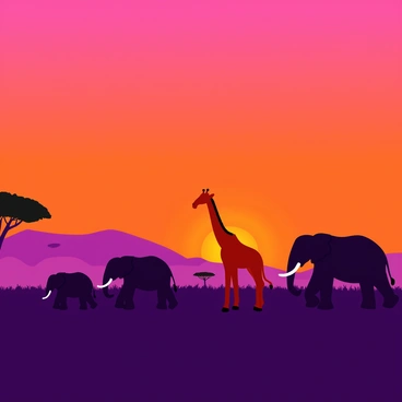 A vast savanna landscape during sunset, filled with deep orange and purple hues in the sky. The scene features distinct silhouettes of acacia trees scattered throughout the horizon. In the foreground, a group of elephants, with their large ears and trunks raised, is walking calmly across the grassy terrain. Nearby, a tall giraffe stretches its neck towards the treetops, its long legs elegantly poised. The overall composition captures the serene transition from day to night, showcasing the beauty of wildlife in their natural habitat.