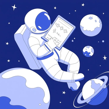 An astronaut is floating in space, wearing a detailed spacesuit with a reflective visor. The astronaut is positioned in a neutral buoyancy pose, with one hand holding a digital tablet displaying complex orbital formulas and diagrams. Surrounding the astronaut, there are numerous stars twinkling in the vastness of space, and several planets, each with distinct features. One planet is partially obscured by shadows, while another has visible rings and surface details. The scene conveys a sense of exploration and calculation amidst the cosmic backdrop.
