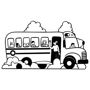 A big brother standing next to a school bus, waving with one hand as his sibling looks out the window. The bus is painted with several windows and has a large school emblem on the side. The brother is wearing a backpack and his clothes are slightly wrinkled. The scene captures the moment with trees in the background and the bus door open, showing a friendly driver inside. A few other children are peeking out from the windows, looking excited.