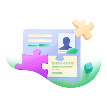 A top-down view of a jigsaw puzzle with several pieces connected to create the shape of an "identity card." The pieces are illustrated in pastel colors, including light blues, pinks, and yellows. The identity card features important sections such as a name area, date of birth, and an identification number, all displayed in clear, bold text. Surrounding the puzzle are a few individual puzzle pieces scattered around, emphasizing the theme of assembly and completion.