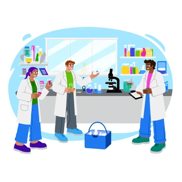 A group of three scientists in white lab coats examining fossil fuel samples in a bright, well-lit laboratory. One scientist is holding a clear glass vial containing a dark liquid, while another is observing the samples through a microscope. The third scientist is taking notes on a clipboard. The lab is filled with various scientific equipment, including test tubes, beakers, and shelves stocked with reference books. A large window allows sunlight to stream in, illuminating the workspace.