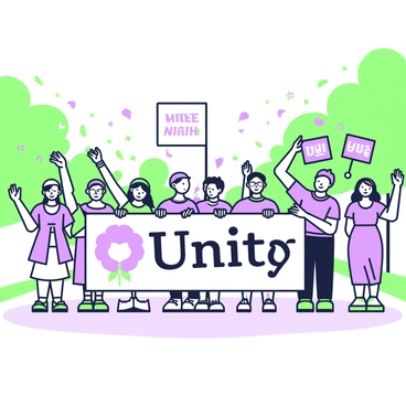 A joyful procession is taking place with a diverse group of people walking together. In the front, a person is holding a large banner that reads "Unity" in bold letters. Others are carrying smaller banners with various positive messages. The crowd is made up of individuals of different ages and backgrounds, all smiling and singing. Some people are wearing colorful clothing, while others have hats or accessories that add to the festive atmosphere. The procession moves along a street lined with trees, and there are confetti and streamers floating in the air.