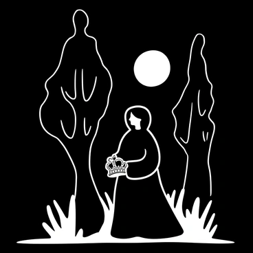 A shadowy figure draped in a flowing cloak is moving stealthily through a darkened landscape, clutching a regal crown adorned with intricate patterns. The crown glimmers subtly in the soft glow of the moonlight, highlighting its ornate details. Surrounding the figure are tall, looming trees that cast elongated shadows on the ground. A faint mist swirls around the base of the trees, adding to the atmosphere of intrigue. The moon, positioned high in the night sky, illuminates the scene with a silvery light.