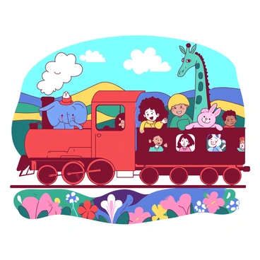 A red train with colorful carriages is filled with various animals and children. The animals include a blue elephant wearing a small hat, a pink rabbit peeking out of a window, and a teal giraffe stretching its neck above the train. Inside the train, children of diverse backgrounds are joyfully waving and smiling as they look out. The train travels through a fantastical landscape featuring rolling hills in vibrant colors, oversized flowers of various shapes, and fluffy clouds in a bright blue sky. The scene captures a sense of adventure and delight as the train moves along its whimsical journey.