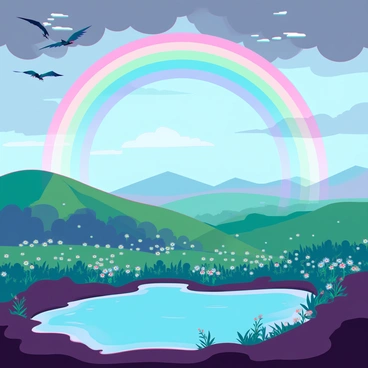A vibrant rainbow with distinct bands of color arching over a vast landscape. The sky is a mix of soft pastel hues transitioning from dark storm clouds to bright blue, signifying the end of a storm. Below the rainbow, rolling green hills are dotted with colorful wildflowers, creating a vivid contrast against the dark, wet soil. In the foreground, a clear pond reflects the rainbow and the emerging sunlight, while a flock of birds takes flight, adding a sense of movement to the scene.