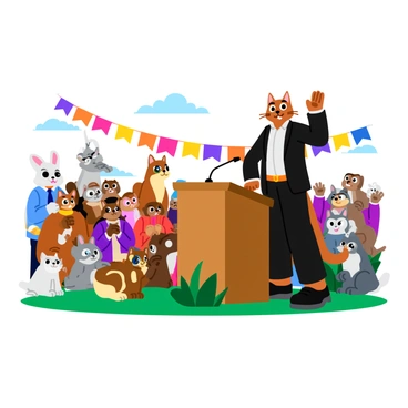 A brown tabby cat wearing a well-fitted black suit stands confidently at a wooden podium. The podium is adorned with a small gold emblem. The cat raises one paw as if emphasizing a point in its speech. In front of the podium, a diverse crowd of animals is gathered, including a cheerful dog with a wagging tail, a wise-looking owl perched on a branch, a curious rabbit with large ears, and a group of animated squirrels sitting on the grass. The crowd appears engaged, with some animals leaning forward and others clapping their paws or paws together in excitement. Bright, colorful banners are hung in the background, adding energy to the scene.
