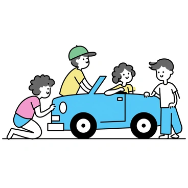 A nostalgic scene of children playing around a parked car, imagining it as a spaceship