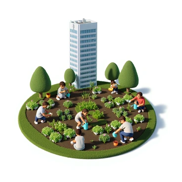 A diverse group of community members are tending to an urban garden filled with various green plants and colorful flowers. Some individuals are kneeling in the soil, planting seeds, while others are watering the plants with watering cans. One person is using gardening tools to cultivate the earth, and nearby, a child is joyfully picking ripe vegetables. In the background, "Landmark 81," a tall and modern skyscraper, rises majestically against the sky, providing a striking contrast to the greenery of the garden. The scene is vibrant and bustling with activity.