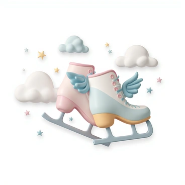 A pair of ice skates, designed with intricate patterns and vibrant colors, featuring whimsical wings extending from the sides. The blades are shiny and glimmer under the soft light. Surrounding the skates are twinkling stars, scattered across a dreamy sky filled with clouds that are fluffy and lightly tinted in pastel colors. The skates appear to be gently floating, with a slight upward angle, giving a sense of lightness and wonder.