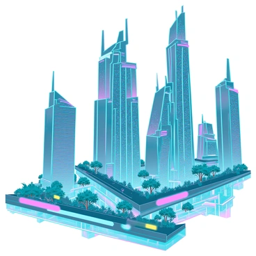 An aerial view of a futuristic city filled with sleek, towering skyscrapers that have reflective glass facades and unique geometric shapes. The skyline is dotted with floating platforms and vibrant neon lights illuminating the structures. Below, a network of flying cars zips through the air, each vehicle displaying bright, glowing trails as they navigate between the buildings. The city is interconnected with transparent sky bridges, and lush greenery can be seen on rooftop gardens, adding a touch of nature amidst the advanced technology.