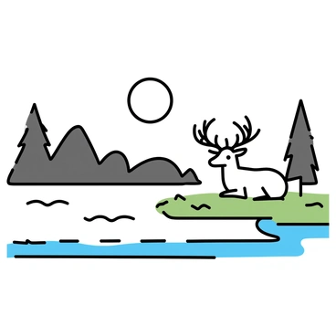 An elk with large antlers is resting on a grassy bank beside a calm lake. The water is still, perfectly reflecting the bright full moon above. The scene is illuminated by the moonlight, casting soft shadows of the elk on the ground. There are a few trees in the background, silhouetted against the night sky, while the surface of the lake shimmers with the moon's reflection.