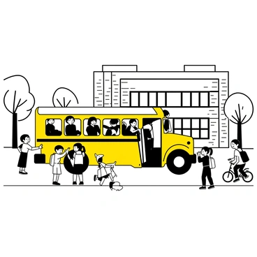 A yellow school bus is stopped in front of a neighborhood school, with its door open. Several children are eagerly boarding the bus, carrying backpacks. Some children are waiting on the sidewalk, smiling and chatting with each other. The school building is visible in the background, featuring a brick facade and large windows. Trees line the street and a few bicycles are parked near the entrance of the school.