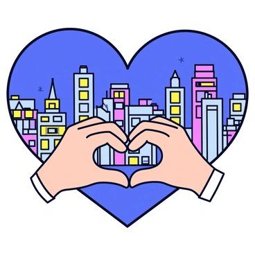 Two hands are positioned in front of a vibrant city skyline, forming the shape of a heart. The hands are outlined against a backdrop of tall buildings adorned with bright lights. The city is bustling with life, featuring illuminated windows and rooftops, while the sky above is deep blue, dotted with a few stars. The scene captures the essence of a lively urban atmosphere filled with energy.