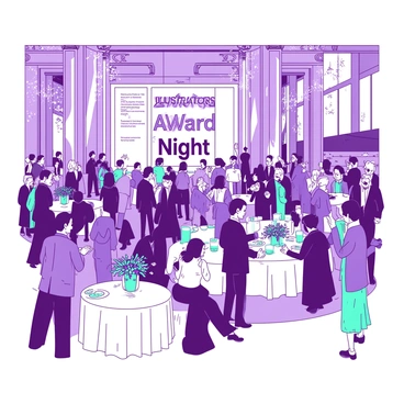 A grand London venue is bustling with excitement as attendees gather for an awards ceremony night dedicated to illustrators. The venue features tall, elegant columns and sparkling chandeliers hanging from the high ceiling. Guests are dressed in formal attire, showcasing a variety of colors and styles. A large stage at the front is adorned with a banner that reads, "Illustrators Award Night," illuminated with soft white lights. Tables draped in white linens are scattered throughout the room, each featuring small teal centerpieces filled with flowers. On one side, a group of illustrators is animatedly discussing their work, while another group is posing for photos with their awards in hand. The atmosphere is filled with anticipation and creative energy as the night unfolds.