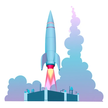 A sleek, metallic rocket with a pointed nose and bright red detailing is positioned on a launchpad. The launchpad is surrounded by concrete structures and various technological equipment. At the base of the rocket, powerful jets of orange and yellow flames erupt, creating a vivid contrast against the smoke billowing up into the sky. The smoke is thick and gray, swirling around the rocket as it begins to lift off. The sky is gradually brightening, suggesting early morning light, while the rocket ascends, trailing a dramatic plume of fire and smoke behind it.