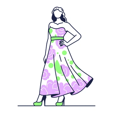 A model stands on a runway, showcasing a dress inspired by floral patterns. The dress features a flowing silhouette, adorned with intricate rose patterns. The bodice is fitted, while the skirt cascades elegantly to the floor, creating a sense of movement. The model has long hair styled in soft waves, and she is wearing stylish shoes that complement the dress. She poses confidently with one hand on her hip, while the other hand is gently extended to the side. The backdrop is minimal, focusing attention on the model and her dress.