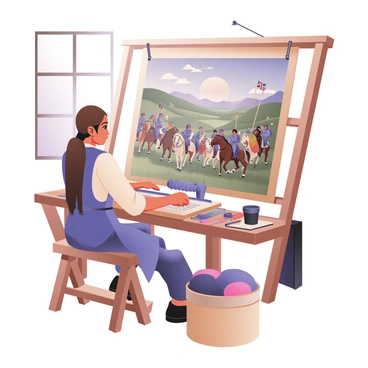 A digital flat illustration featuring an artist sitting at a weaving loom, intently working on a large tapestry. The artist has medium skin and long brown hair tied back, wearing a blue apron over a white shirt. The tapestry being woven shows a vibrant depiction of the "Battle of Bannockburn," with knights in armor on horseback and Scottish banners waving. In the background, there are rolling green hills typical of the Scottish landscape. The artist's workspace is cluttered with colorful yarns and tools. Sunlight streams in through a window, illuminating the scene.