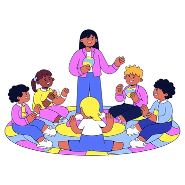 A group of five kids is sitting in a circle on a colorful rug. Each child holds a musical instrument, with two kids playing maracas and three kids playing tambourines. The children are smiling and engaged, showing enthusiasm as they follow the rhythm. In the center of the circle, a teacher is standing, clapping hands and encouraging the kids with a joyful expression. The background is filled with bright, simple shapes to enhance the playful atmosphere.