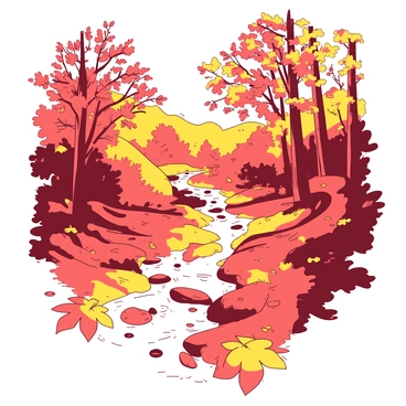 A picturesque trail is covered in a mix of yellow and red autumn leaves. Alongside the trail, there is a gentle stream flowing peacefully. The leaves create a vibrant carpet on the ground, while some are clinging to branches overhead. The stream glimmers in the sunlight, reflecting the rich colors of the surrounding foliage. The scene is framed by tall trees with their branches swaying softly in the breeze.