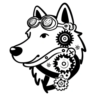 A wolf head prominently displayed with intricate steampunk elements. The head features a combination of black and white gears meticulously arranged along the jawline and forehead. A pair of oversized goggles rests atop the head, reflecting a detailed mechanical design. Additional metallic parts, such as pipes and rivets, are integrated into the fur, giving it a mechanical appearance. The background includes faint outlines of various machinery, enhancing the steampunk theme.