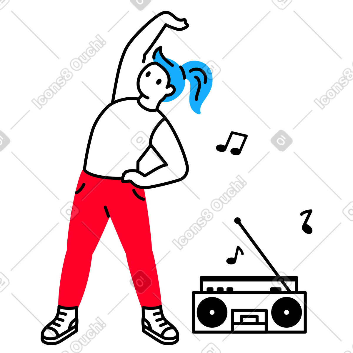 Woman in red pants exercising with music player illustration clipart free vector graphics