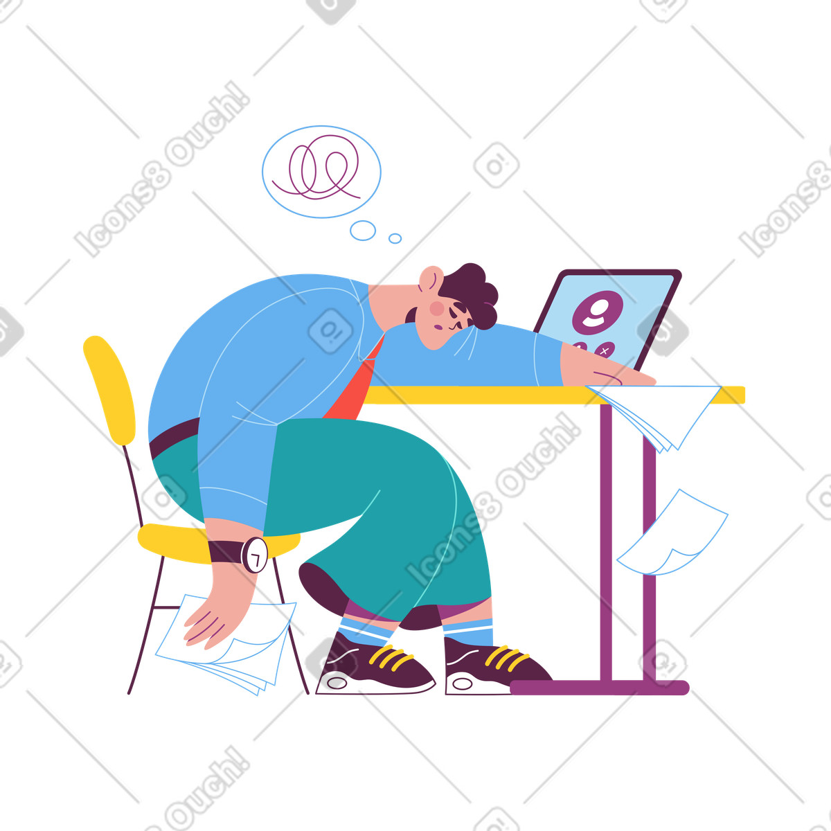下载 Sammy 风格的 Exhausted employee with scattered papers, office stress and overload 插画，支持 PNG、SVG 格式