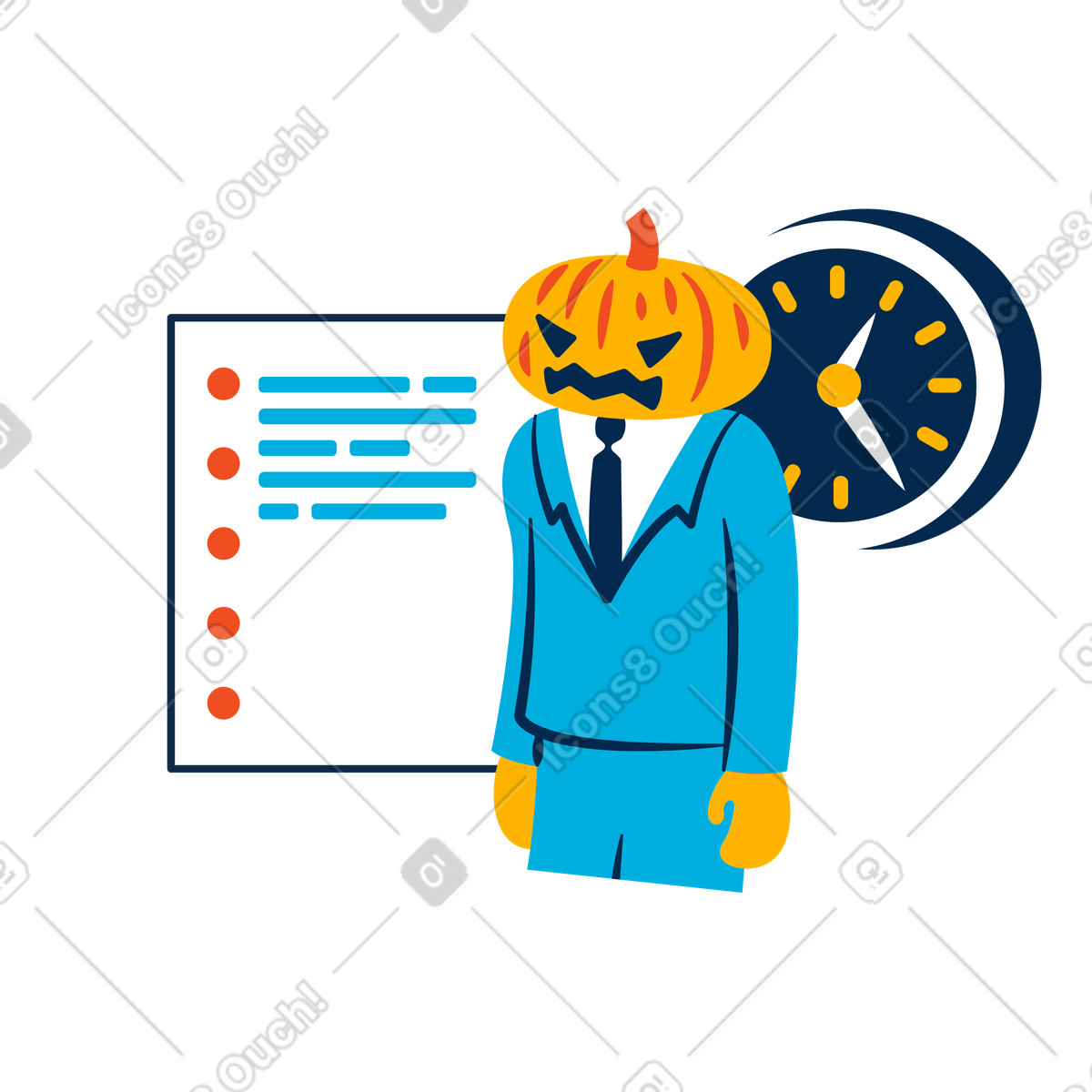 Pumpkin-headed office worker standing by to-do list and clock illustrazione in stile Flame scarica in PNG, SVG