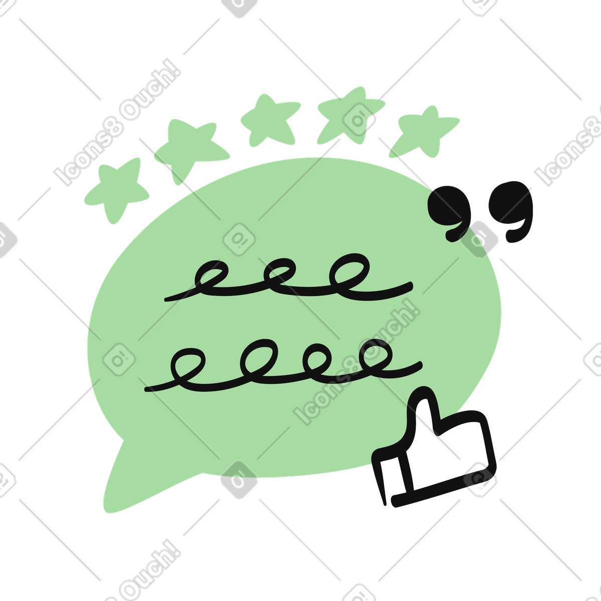 下载 Organic 风格的 Feedback speech bubble with five stars and thumbs up symbol 插画，支持 PNG、SVG 格式