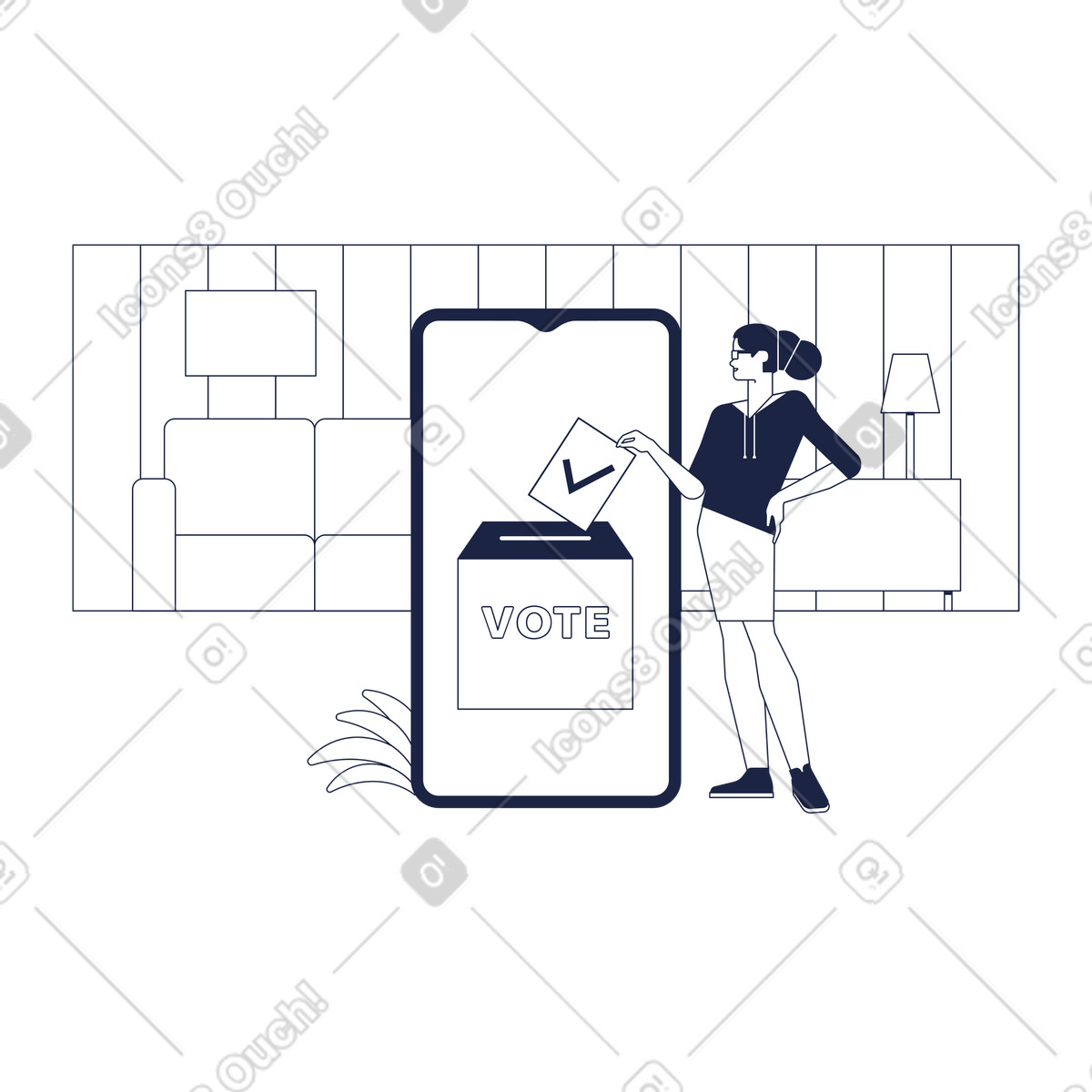 Voter submitting ballot via mobile voting app, remote election participation illustration in Urban Line style download in PNG, SVG