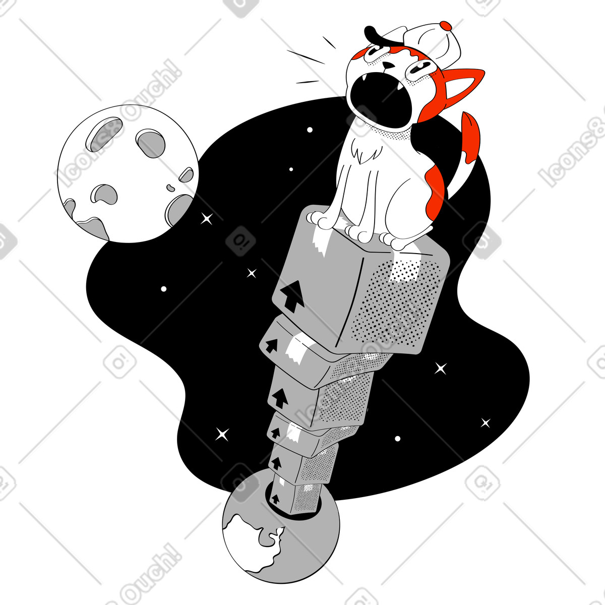 Worldwide delivery with a cat on stack of packages illustration in Looney style download in PNG, SVG
