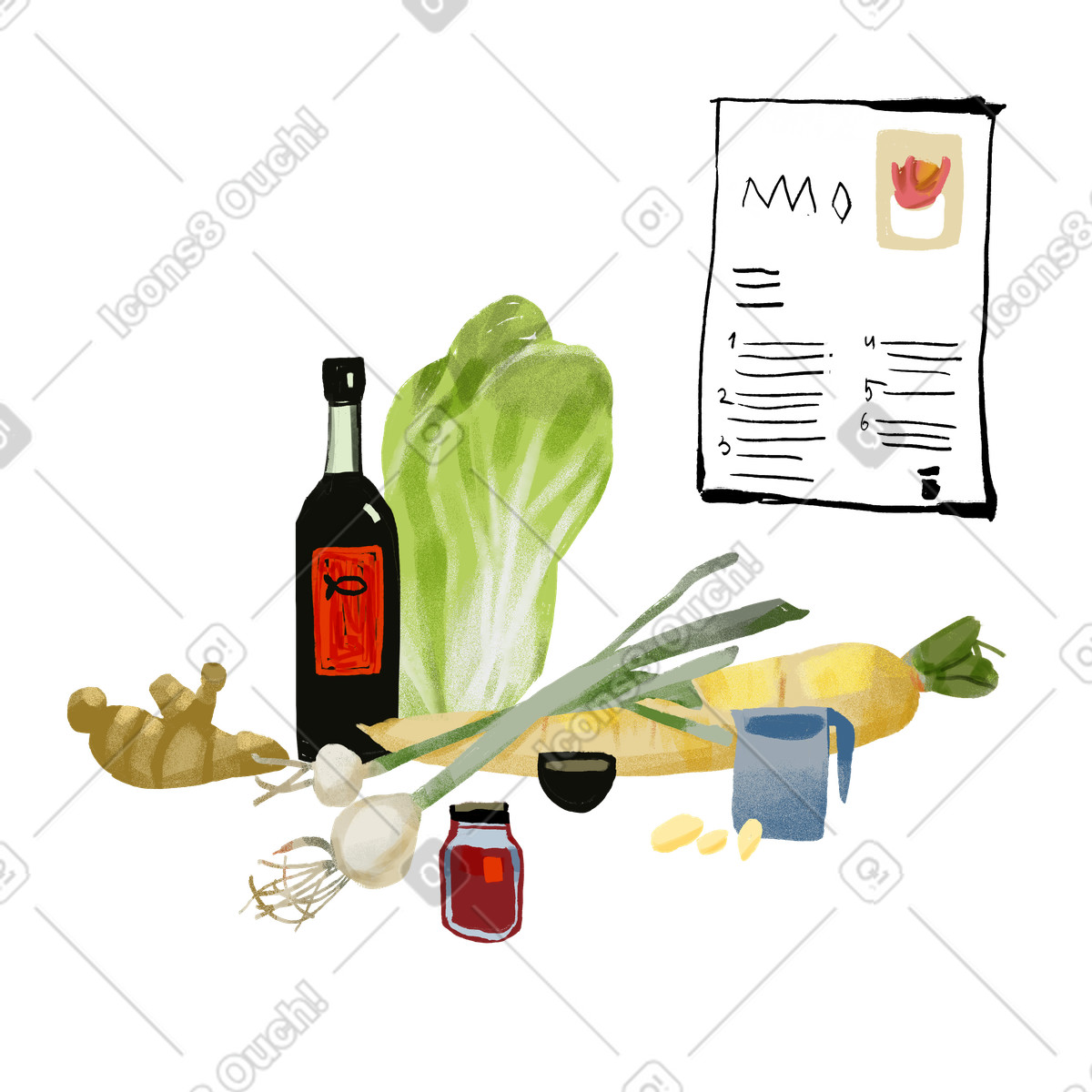 Ilustración Cooking ingredients and recipe card, Home preparation en estilo Ikigai a descargar en PNG y SVG