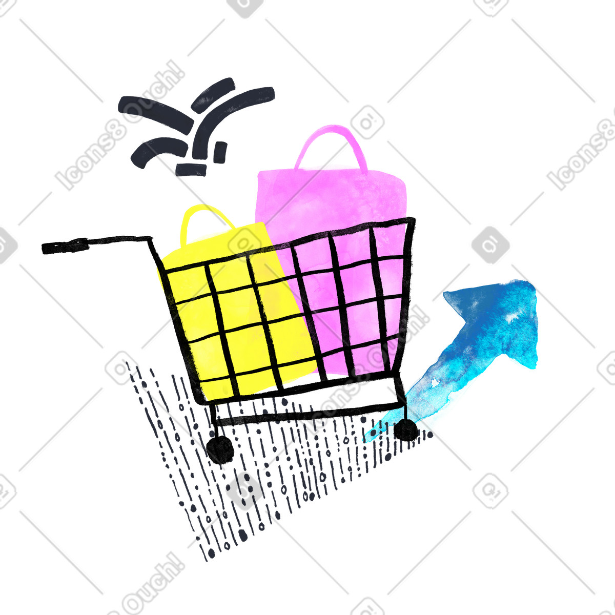Illustration Shopping cart with gift bags inside dans le style Inky à télécharger aux formats PNG, SVG