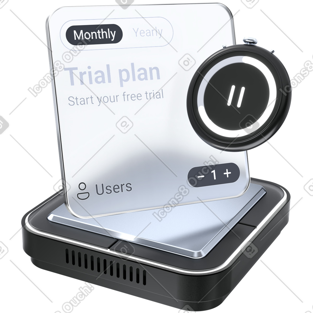 下载 3D Pro 风格的 Subscription trial plan card with monthly yearly toggle and users counter 插画，支持 PNG、SVG 格式