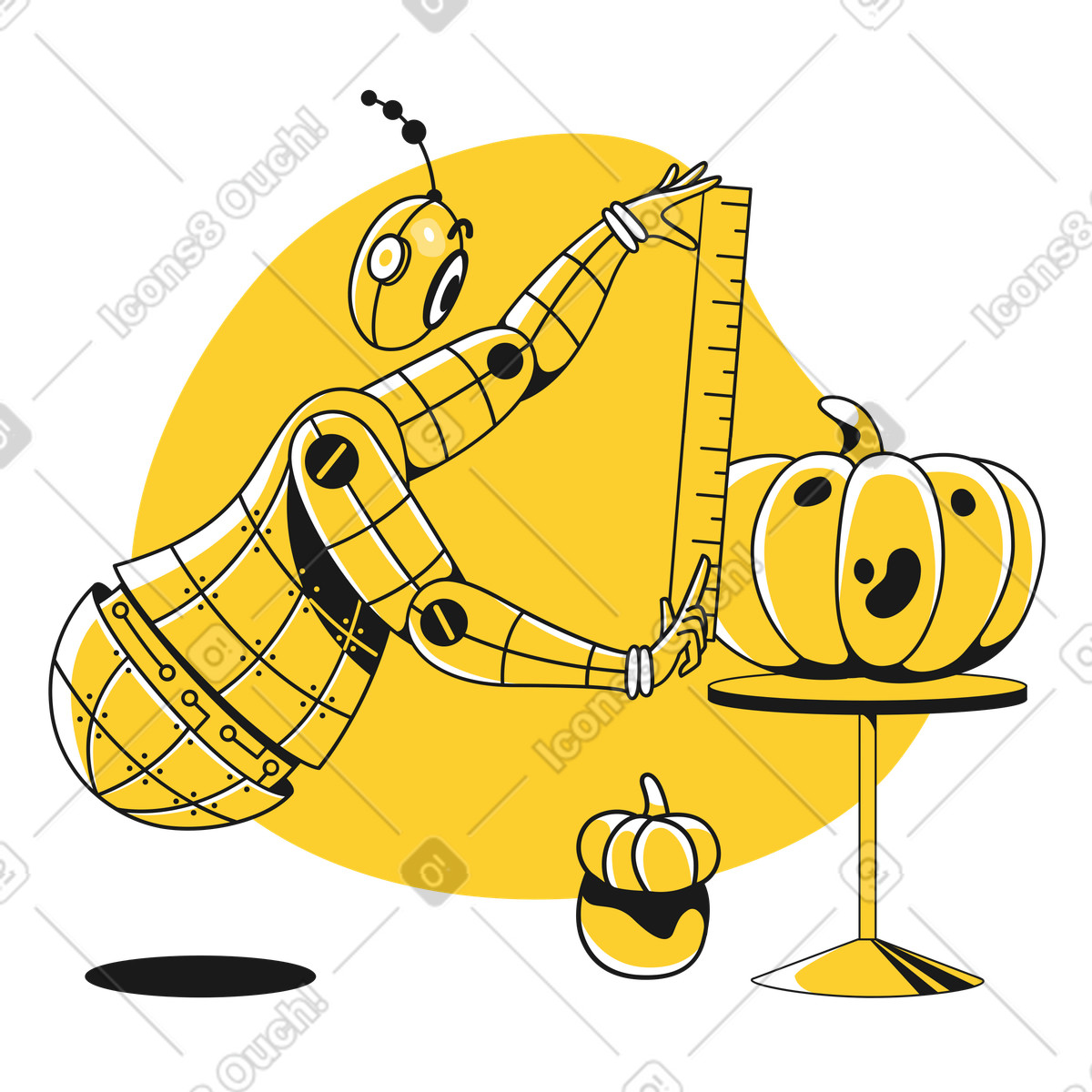 Robot measuring the length of pumpkin harvest illustration in Taxi style download in PNG, SVG