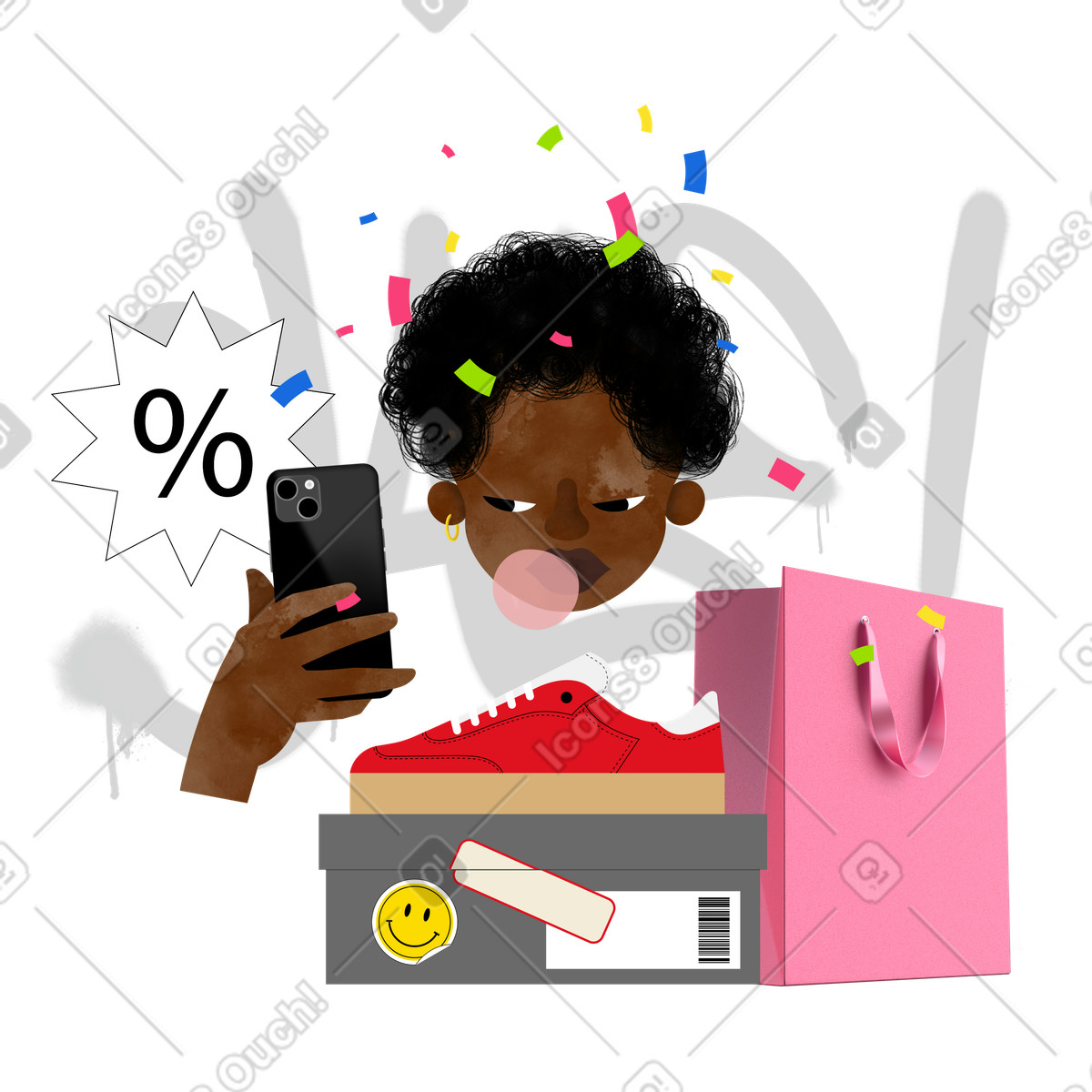 Junge frau kauft online turnschuhe-Illustration im Jumble-Stil als Download in PNG, SVG