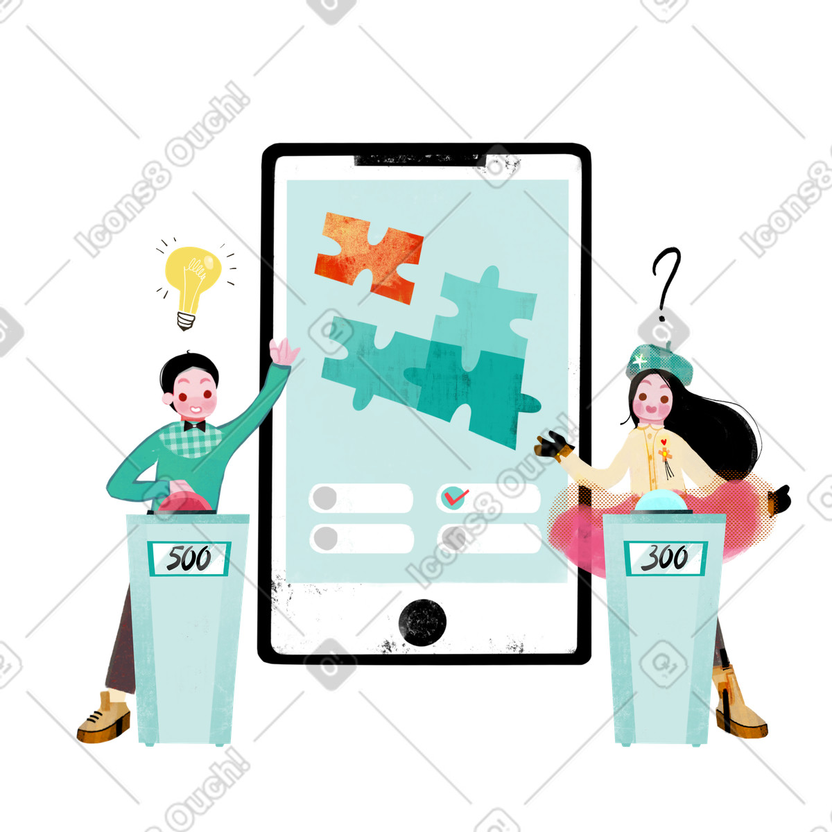 Menschen und tablet mit quiz-app-Illustration im Fabulous-Stil als Download in PNG, SVG