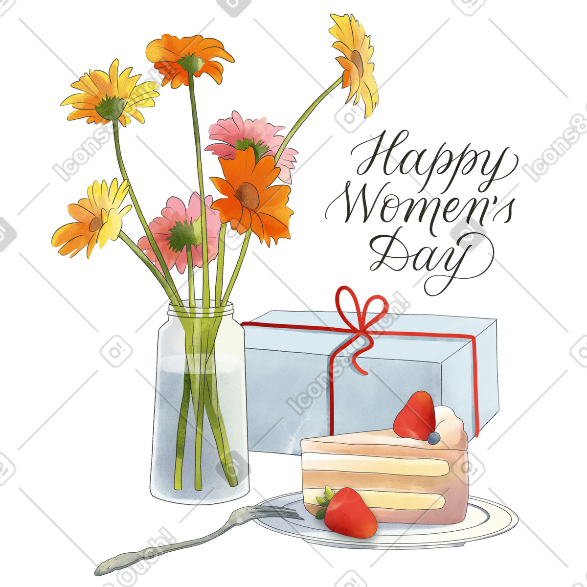 Ilustración Caligrafía del día de la mujer feliz con presente, pastel y flores. en estilo Seasons a descargar en PNG SVG