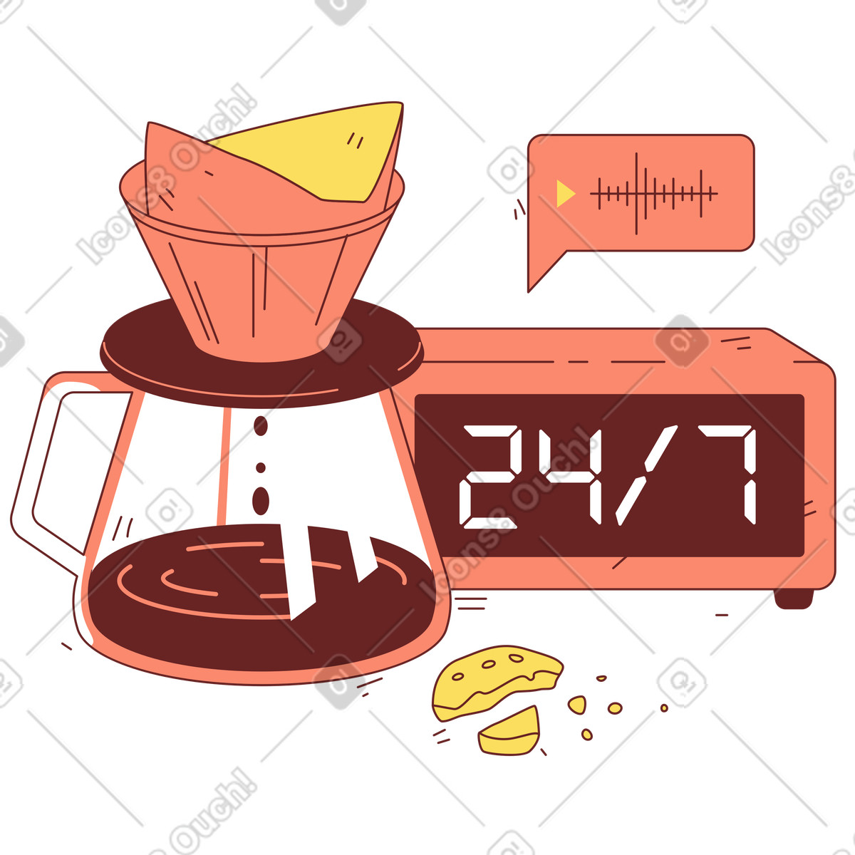 Pour-over coffee and digital clock illustration in Storyline style download in PNG, SVG