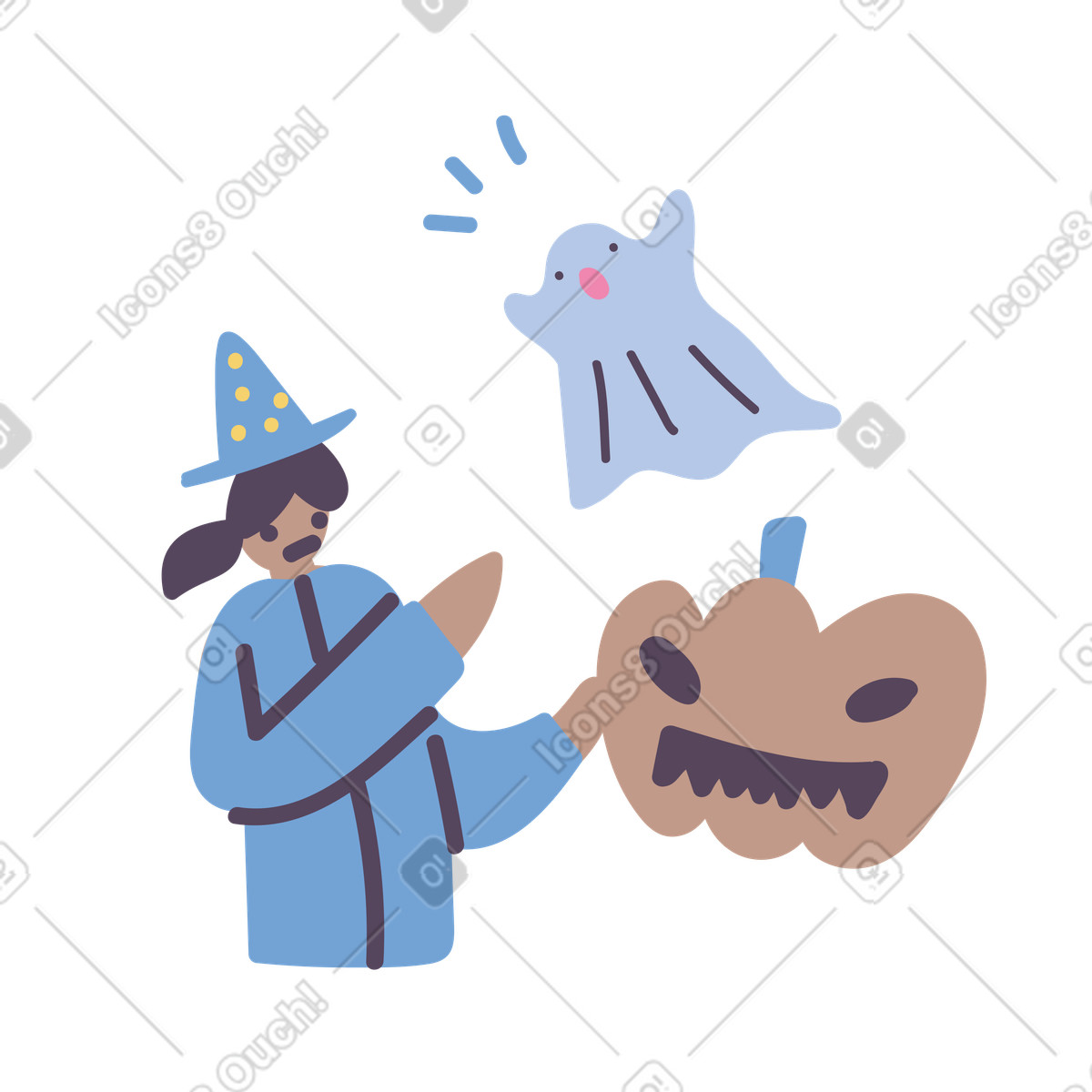 Illustration Sorcière tenant une citrouille sculptée avec un fantôme volant au-dessus d'elle dans le style Pluto à télécharger aux formats PNG, SVG