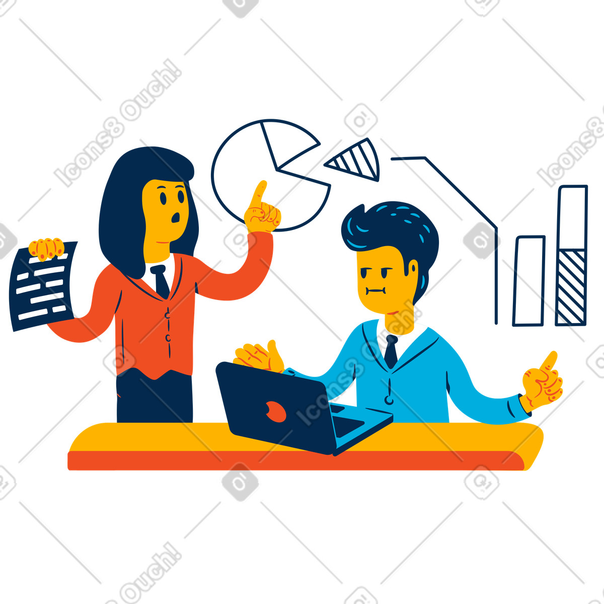 Man and woman work on analytics in a team illustration Flame style download PNG, SVG