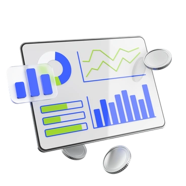 A digital dashboard displaying various graphs and charts - 3D Enterprise style illustration