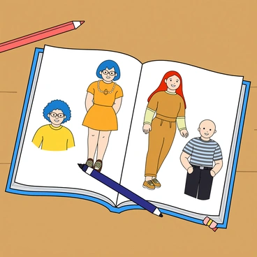An open sketchbook lying on a wooden table, displaying multiple pages filled with colorful drawings. Each page showcases illustrations of people representing diverse genders, including a person with short blue hair, wearing glasses and a vibrant yellow shirt, a tall figure with long red hair in a stylish dress, and a person with shaved hair, wearing a striped t-shirt. The sketches are playful and cartoon-like, with exaggerated features such as big eyes and cheerful expressions. A few pencils are scattered around the sketchbook, adding a creative vibe to the scene.