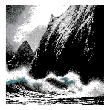 Jagged cliffs rise dramatically against a stormy sky, filled with dense, swirling clouds. The cliffs have rough textures and sharp edges, showcasing their ruggedness. Below, waves crash violently against the base of the cliffs, sending up sprays of water. The intensity of the scene captures the power of nature, with the dynamic movement of the waves contrasting with the solid, imposing cliffs above.