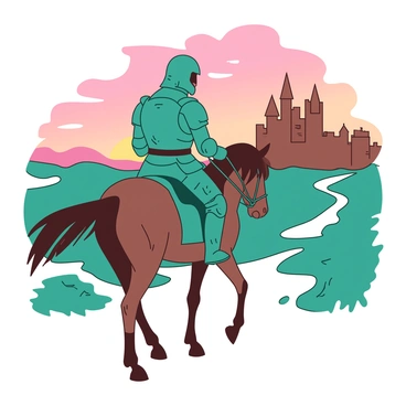 A teal knight, visibly tired, is riding a brown horse along a path leading back to a castle. The knight's armor is scratched and weathered, reflecting a long day of battle. The horse looks strong and loyal, with its mane flowing as it trots gently. In the background, the castle stands tall, its towers silhouetted against the sky. The sky is filled with hues of orange and pink as the sun sets, casting a warm glow over the scene. The knight grips the reins firmly, head slightly lowered, with an expression of determination as they approach the castle.