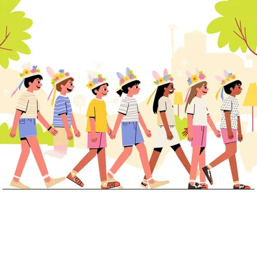 A parade of children walking joyfully down a sunny street. Each child wears an elaborate Easter bonnet adorned with colorful flowers and vibrant ribbons. The bonnets are uniquely designed, featuring bright tulips, daisies, and other spring blooms. Some bonnets have long, flowing ribbons in shades of pink, yellow, and blue, streaming elegantly behind the children. The children are dressed in light, cheerful outfits, some wearing pastel colors, while others feature playful patterns. The atmosphere is lively, with smiles and laughter as they engage with onlookers.