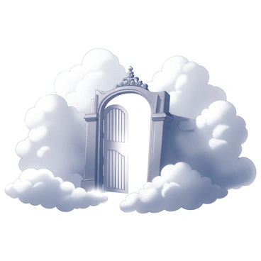 A large gate made of ornate metalwork, prominently located in the foreground. The gate is slightly ajar, revealing a bright light emanating from within. Surrounding the gate are fluffy, billowing clouds that create a soft, ethereal backdrop. The clouds appear dense and layered, giving a sense of depth and height. The atmosphere is serene, as the light from the gate casts a gentle glow on the surrounding clouds, enhancing the scene's celestial quality. A sense of wonder and invitation is conveyed through the open gate, suggesting a passage to a higher realm.