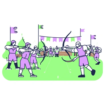 A lively medieval archery tournament with spectators and flags